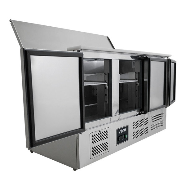 Saladette | 365L | 3 Deuren (1/1 GN) | Boven 4x 1/1 GN | +2°C/+8°C | Geventileerd | 0.23kW | Schuifdeksel | Polyethyleen Snijplank | 1364x700x880(h)mm