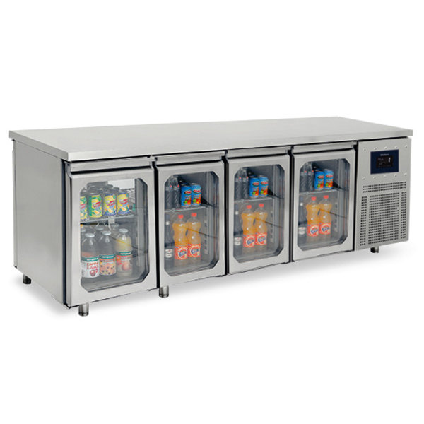 Doorgeef-Koelwerkbank | 632L | 2x 4 Glasdeuren (1/1 GN) | -2°C/+8°C | Geventileerd | 0.45kW | Touchscreen + WiFi | 2330x700x850(h)mm