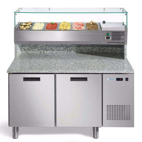 Pizzawerkbank + Opzetkoelvitrine | FRESH PIZZA | 390L | 2 Deuren (EN600x400) | Boven 6x 1/3 GN | +2°C/+7°C | Geforceerd | 0.2kW | 1400x800x1400(h)mm
