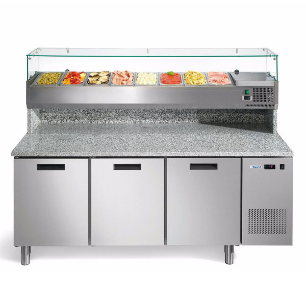 Pizzawerkbank + Opzetkoelvitrine | FRESH PIZZA | 580L | 3 Deuren (EN600x400) | Boven 8x 1/3 GN | +2°C/+7°C | Geforceerd | 0.2kW | 1926x800x1400(h)mm