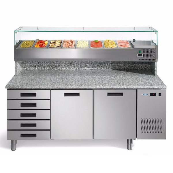 Pizzawerkbank + Opzetkoelvitrine | FRESH PIZZA | 580L | 2 Deuren + 5 Deegladen (EN600x400) | Boven 8x 1/3 GN | +2°C/+7°C | Geforceerd | 0.2kW | 1926x800x1400(h)mm