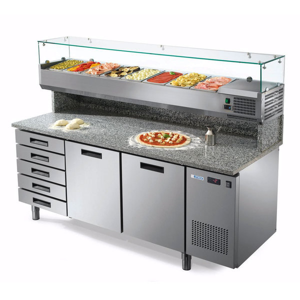 Pizzawerkbank + Opzetkoelvitrine | FRESH PIZZA | 580L | 2 Deuren + 5 Deegladen (EN600x400) | Boven 8x 1/3 GN | +2°C/+7°C | Geforceerd | 0.2kW | 1926x800x1400(h)mm