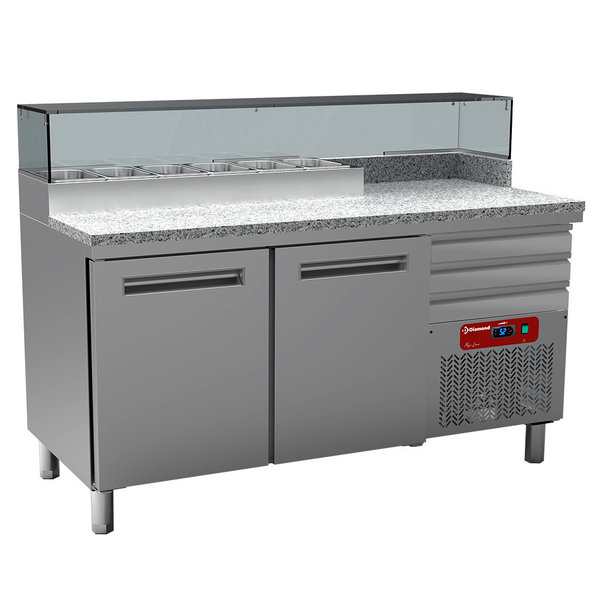 Pizzawerkbank | 260L | 2 Deuren + 3 Deegladen (EN600x400) | Boven 6x 1/4 GN | 0°C/+8°C | Geventileerd | 0.4kW | 1590x700x880/1200(h)mm