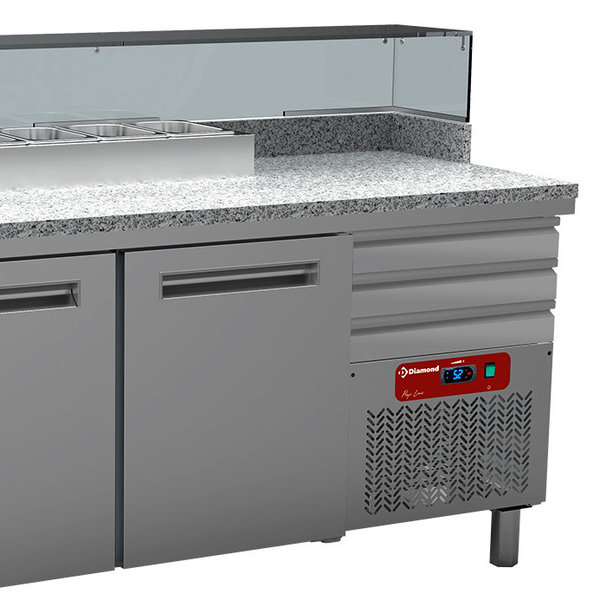 Pizzawerkbank | 260L | 2 Deuren + 3 Deegladen (EN600x400) | Boven 6x 1/4 GN | 0°C/+8°C | Geventileerd | 0.4kW | 1590x700x880/1200(h)mm