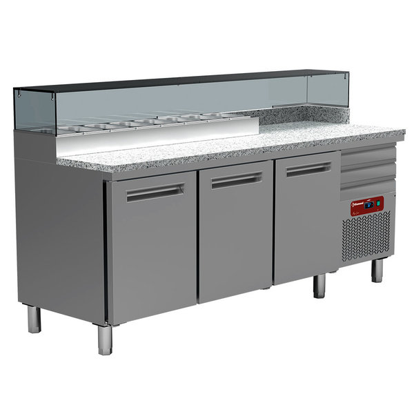 Pizzawerkbank | 405L | 3 Deuren + 3 Deegladen (EN600x400) | Boven 8x 1/4 GN | 0°C/+8°C | Geventileerd | 0.4kW | 2110x700x880/1200(h)mm