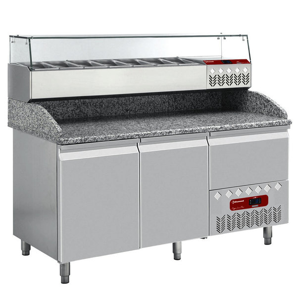 Pizzawerkbank + Opzetkoelvitrine | 270L | 2 Deuren + 1 Lade (EN600x400) | Boven 6x 1/3 GN | -2°C/+8°C | Statisch/Geventileerd | 0.32kW | 1610x800x856/1485(h)mm