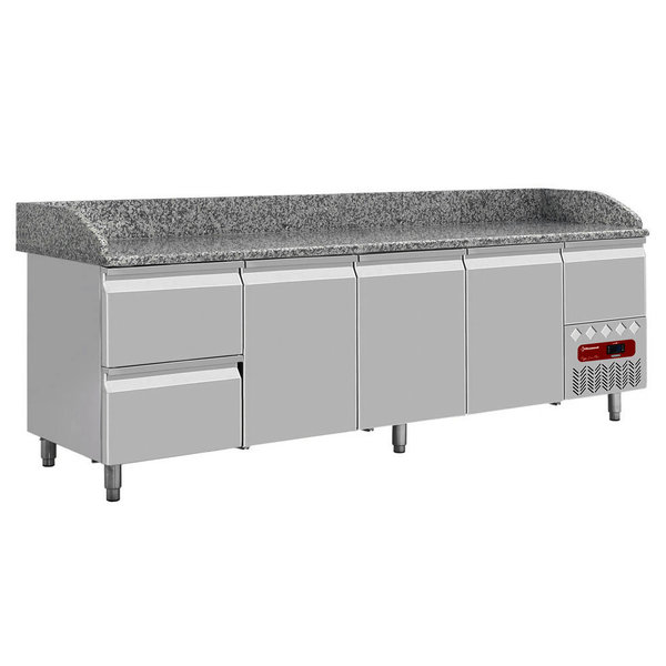 Pizzawerkbank + Opzetkoelvitrine | 564L | 3 Deuren + 3 Laden (EN600x400) | Boven 11x 1/3 GN + 1x 1/9 GN | -2°C/+8°C | Statisch/Geventileerd | 0.41kW | 2560x800x856/1485(h)mm