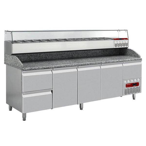 Pizzawerkbank + Opzetkoelvitrine | 564L | 3 Deuren + 3 Laden (EN600x400) | Boven 11x 1/3 GN + 1x 1/9 GN | -2°C/+8°C | Statisch/Geventileerd | 0.41kW | 2560x800x856/1485(h)mm