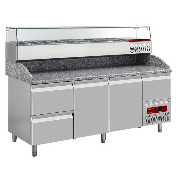 Pizzawerkbank + Opzetkoelvitrine | 415L | 2 Deuren + 3 Laden (EN600x400) | Boven 9x 1/4 GN | -2°C/+8°C | Statisch/Geventileerd | 0.32kW | 2020x800x856/1485(h)mm