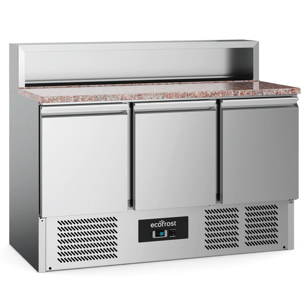 Pizzawerkbank | 402L | 3 Deuren (1/1 GN) | Boven 8x 1/6 GN | +2°C/+8°C | Statisch + Ventilator | 1365x700x1075(h)mm