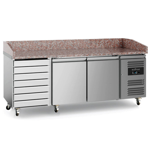 Pizzawerkbank | 580L | 2 Deuren + 7 Deegladen (EN600x400) | +2°C/+8°C | Geforceerd | Wielen (Geremd) | 2025x800x1000(h)mm