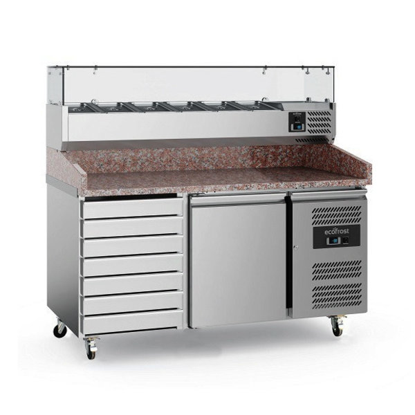 Pizzawerkbank | 390L | 1 Deur + 7 Deegladen (EN600x400) | +2°C/+8°C | Geforceerd | 0.21kW | Wielen (Geremd) | 1510x800x1000(h)mm