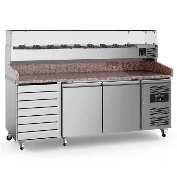 Pizzawerkbank | 580L | 2 Deuren + 7 Deegladen (EN600x400) | +2°C/+8°C | Geforceerd | Wielen (Geremd) | 2025x800x1000(h)mm