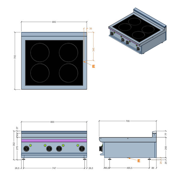 Fornuis | Elektrisch | Inductie | E7/CUI4BBL | 4x 3.5kW | 800x700x270(h)mm