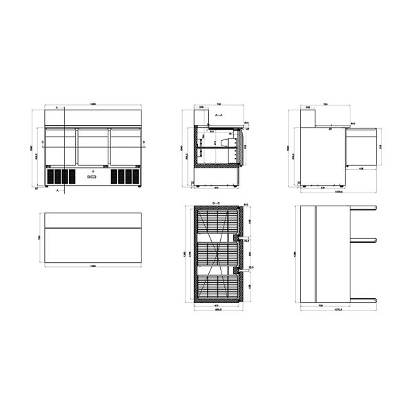 Pizzawerkbank | 415L | 3 Deuren (1/1 GN) | Boven 8x 1/6 GN | 0°C/+8°C | Geventileerd | 0.23kW | 1365x700x1090(h)mm
