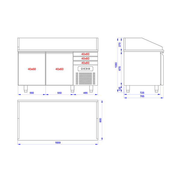 Pizzawerkbank | 400L | 2 Deuren + 3 Deegladen (EN600x400) | +2°C/+8°C | Geventileerd | 0.4kW | 1600x800x1080(h)mm
