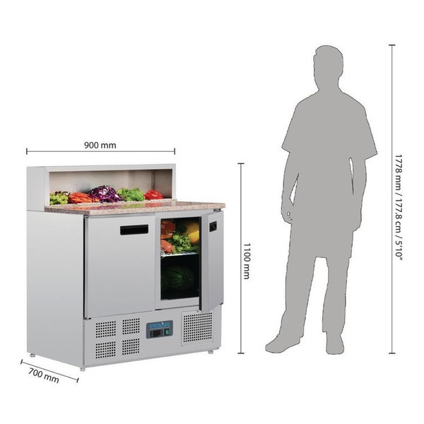 Pizzawerkbank | 288L | 2 Deuren (1/1 GN) | Boven 5x 1/6 GN | +2°C/+8°C | Geventileerd | 0.23kW | 900x700x1100(h)mm