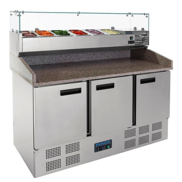 Pizzawerkbank + Opzetkoelvitrine | 368L | 3 Deuren (1/1 GN) | Boven 6x 1/4 GN | +2°C/+5°C | Geventileerd | 0.38kW | 1400x700x1445(h)mm