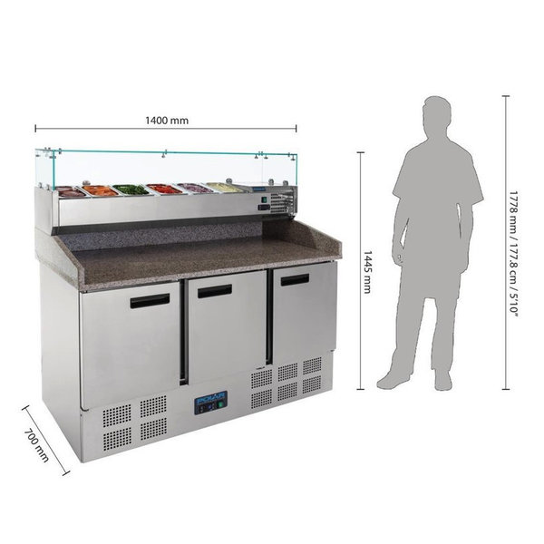 Pizzawerkbank + Opzetkoelvitrine | 368L | 3 Deuren (1/1 GN) | Boven 6x 1/4 GN | +2°C/+5°C | Geventileerd | 0.38kW | 1400x700x1445(h)mm