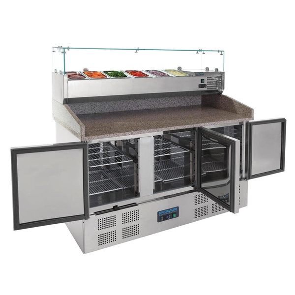 Pizzawerkbank + Opzetkoelvitrine | 368L | 3 Deuren (1/1 GN) | Boven 6x 1/4 GN | +2°C/+5°C | Geventileerd | 0.38kW | 1400x700x1445(h)mm