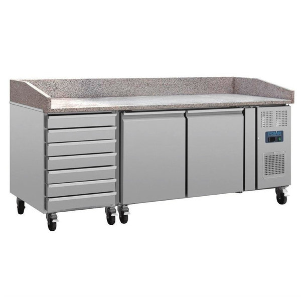 Pizzawerkbank | 428L | 2 Deuren + 7 Deegladen (EN600x400) | +2°C/+8°C | Geforceerd | 0.3kW | Wielen (Geremd) | 2025x800x1000(h)mm