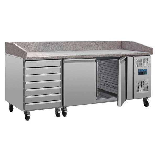 Pizzawerkbank | 428L | 2 Deuren + 7 Deegladen (EN600x400) | +2°C/+8°C | Geforceerd | 0.3kW | Wielen (Geremd) | 2025x800x1000(h)mm