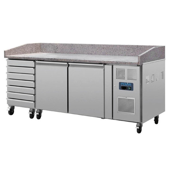 Pizzawerkbank | 428L | 2 Deuren + 7 Deegladen (EN600x400) | +2°C/+8°C | Geforceerd | 0.3kW | Wielen (Geremd) | 2025x800x1000(h)mm