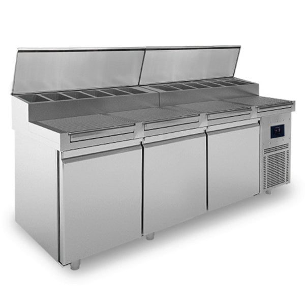 Pizzawerkbank | 750L | 3 Deuren (EN600x400) | Boven 12x 1/3 GN | -2°C/+8°C | Geventileerd | 0.4kW | Touchscreen + WiFi | 2470x950x1095(h)mm