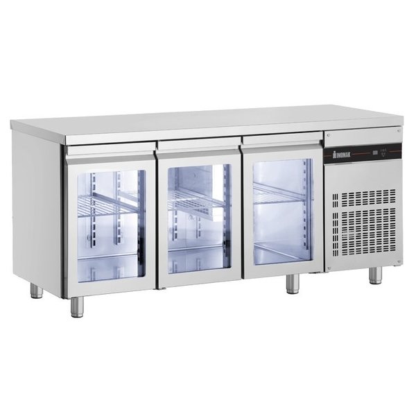 Koelwerkbank | 350L | 3 Glasdeuren | 0°C/+10°C | Geforceerd | 1790x600x875/935(h)mm