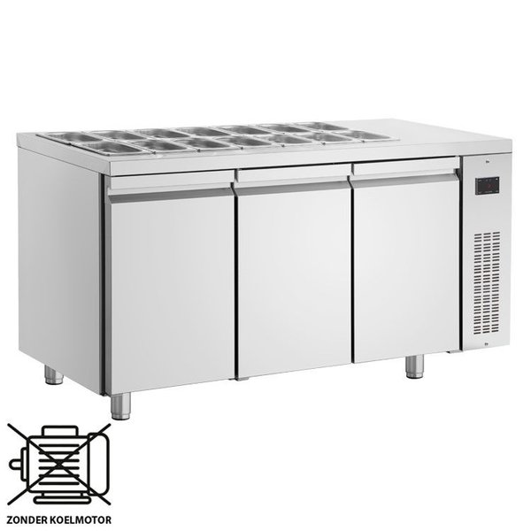 Saladette | 421L | RVS | 3 Deuren (1/1 GN) | Boven 14x 1/4 GN | +3°C/+10°C | Voor Externe Koelunit  | 1545x700x875-935(h)mm