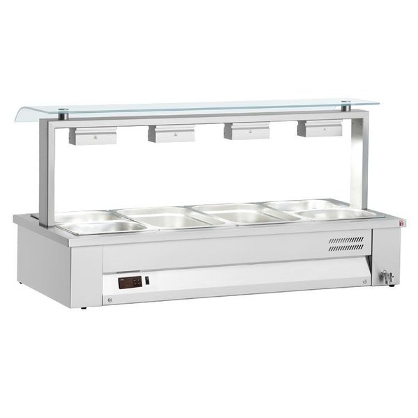 Bain-Marie | Elektrisch | Enkelzijdig Glasopbouw | Aftapkraan | 4x 1/1 GN | 2.5kW | 1410x630x710(h)mm