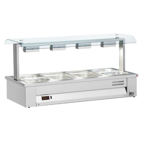 Bain-Marie | Elektrisch | Dubbelzijdig Glasopbouw | Aftapkraan | 4x 1/1 GN | 2.5kW | 1410x630x710(h)mm