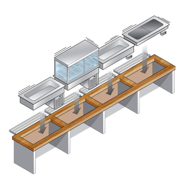 Drop-In Koelvitrine | Self-Service (Wandmodel) | -1°C/+7°C | Geventileerd | 0.9kW | 4 Schappen (1/1 GN) | Intern Nachtgordijn | 1125x700x1580(h)mm