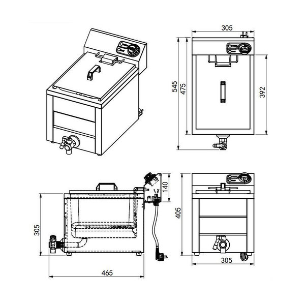 Friteuse | Elektrisch | 8L | 3kW (230V) | Aftapkraan | 305x545x305(h)mm