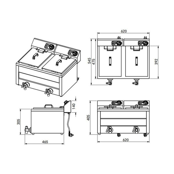 Friteuse | Elektrisch | 8+8L | 6kW (2x 230V) | Aftapkranen | 620x545x305(h)mm
