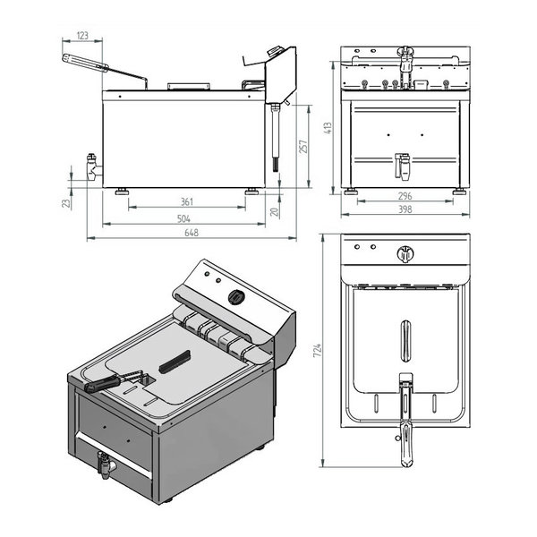 Friteuse | Elektrisch | 12L | 0°C/190°C | 9kW (400V) | Aftapkraan | 400x600x445(h)mm