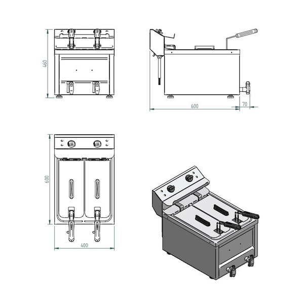 Friteuse | Elektrisch | 8+8L | 0°C/190°C | 9kW (400V) | Aftapkranen | 400x600x445(h)mm