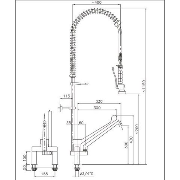 Voorspoeldouche | Elleboogbediening | RVS | Flexibele Hals | 400x1150(h)mm