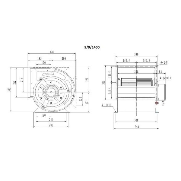 Motor | Slakkenhuis | 3000m³/u. | 4A | 0.45kW (230V) | 255x380x387(h)mm