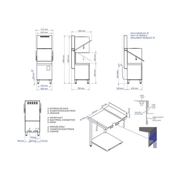 Doorschuifvaatwasser | Warmteterugwinning | Mand 500x500 | 230/400V | Afvoerpomp | Zeeppomp | Naglanspomp | 630x750x1920(h)mm