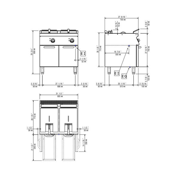 Friteuse | MAXIMA 700 | Elektrisch | 14+14L | 105°C/185°C | 17.4kW (400V) | Aftapkranen | 800x700x850/920(h)mm