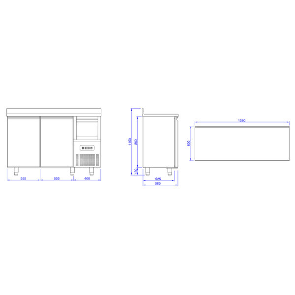 Koelwerkbank | Hoog Model | 550L | 2 Glasdeuren (1/1 GN) + Afkloplade | -2°C/+8°C | Geventileerd | 0.4kW | Achteropstand | 1580x600x1000/1150(h)mm