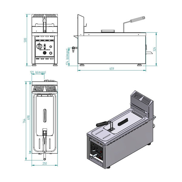 Friteuse | Gas | 8L | 100°C/190°C | 6.23kW | Aftapkraan | 250x700x500(h)mm