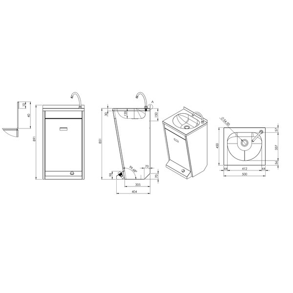 Handwasbak | Voetbediening | 412x337mm | RVS | 500x450x850(h)mm