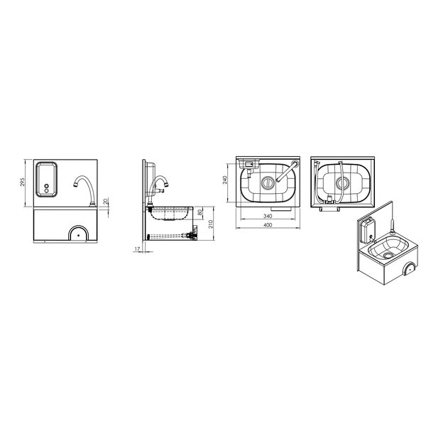 Handwasbak | Wandmontage | Incl. Dispensers | 340x240mm | RVS | 400x300x210(h)mm