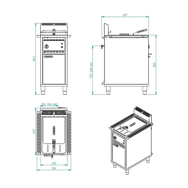 Friteuse | Gas | 16L | 0°C/190°C | 14kW | Aftapkraan | 400x700x875/1062(h)mm