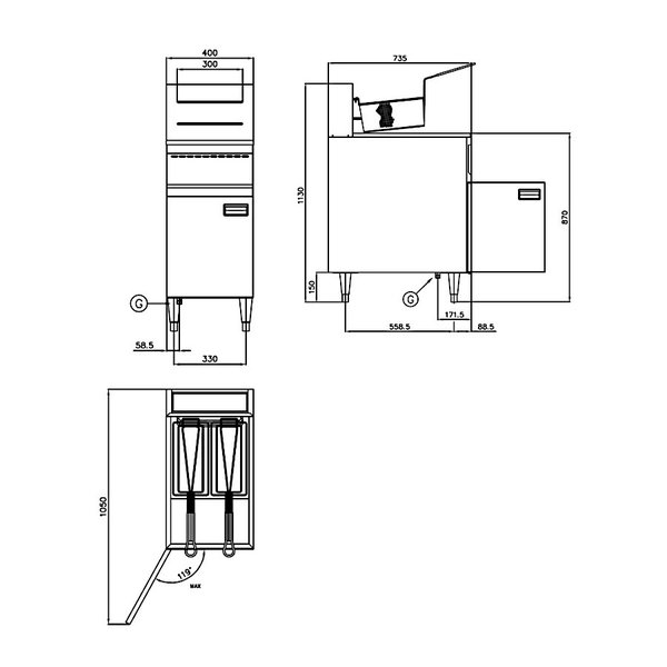Friteuse | Gas | 23L | 100°C/200°C | 21kW | Aftapkraan | 400x735x870/1133(h)mm