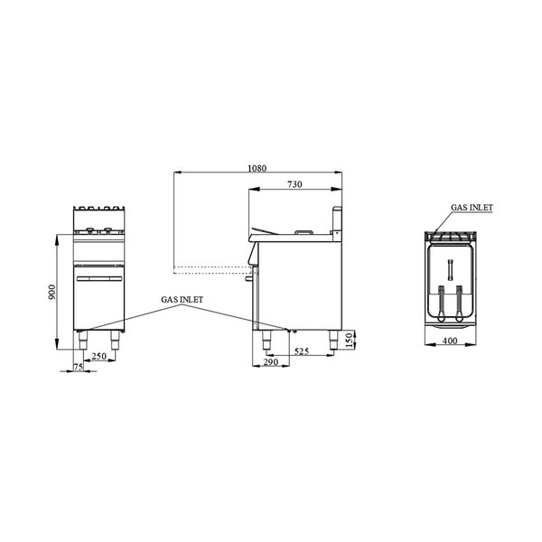 Friteuse | 700 LINE | Gas | 15L | 0°C/185°C | 15kW | Piëzo Ontsteking | Aftapkraan | 400x730x900(h)mm