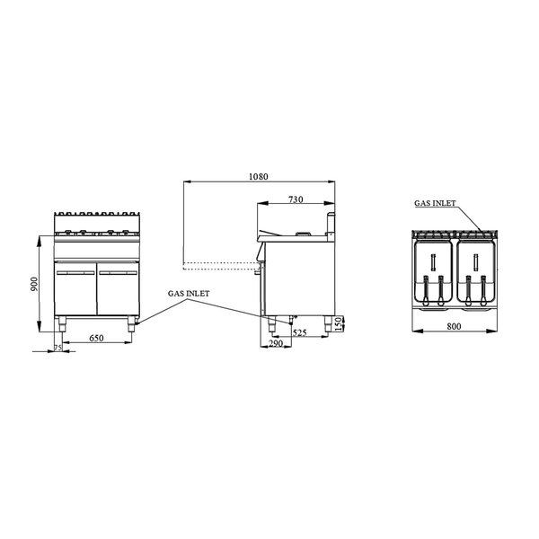 Friteuse | 700 LINE | Gas | 15+15L | 0°C/185°C | 30kW | Piëzo Ontsteking | Aftapkranen | 800x730x900(h)mm