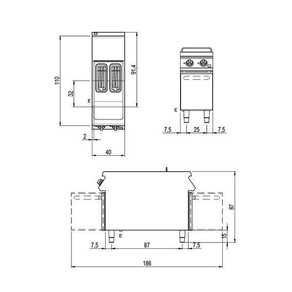 Friteuse | 1100 LINE | Eiland | Elektrisch | 8+8L | 0°C/190°C | 14kW (400V) | Aftapkranen | 400x1100x870(h)mm